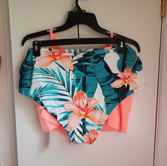 Neon Peach Swim Top And Tropical Print Bottoms - Picture 2 of 5
